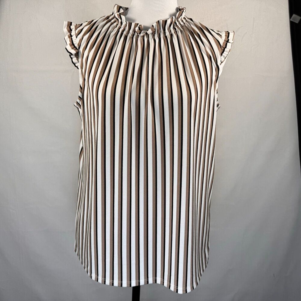 Adrianna Papell Women Tank Sz M Black Brown White Ruffle Mock Neck cap sleeve - Picture 4 of 9